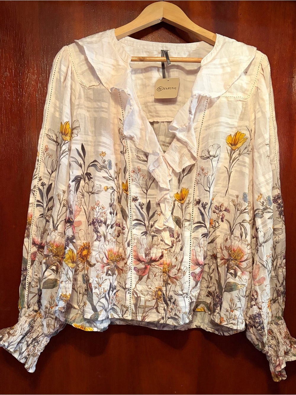 Anthropologie White Floral Ruffle V-Neck Blouse with Yellow & Pink Accents